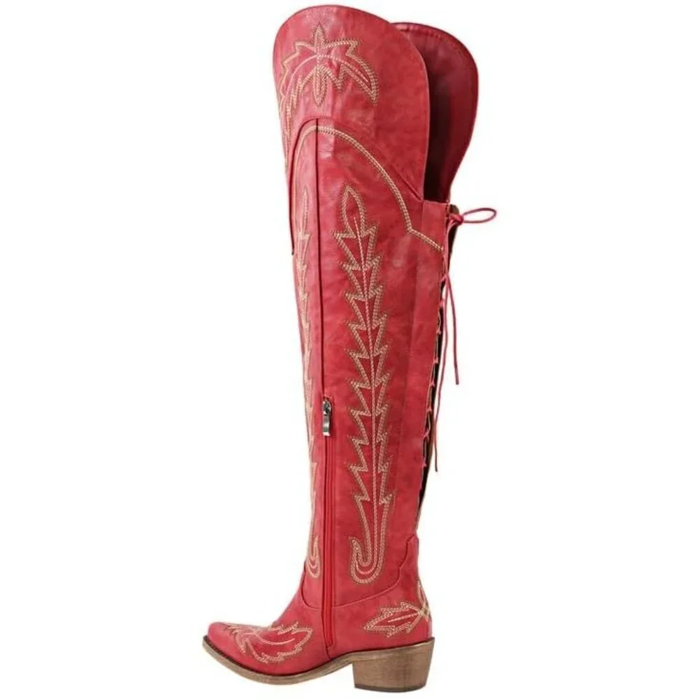 Women Red Synthetic Cowgirl Thigh High Wide Calf Embroidered Western Boots